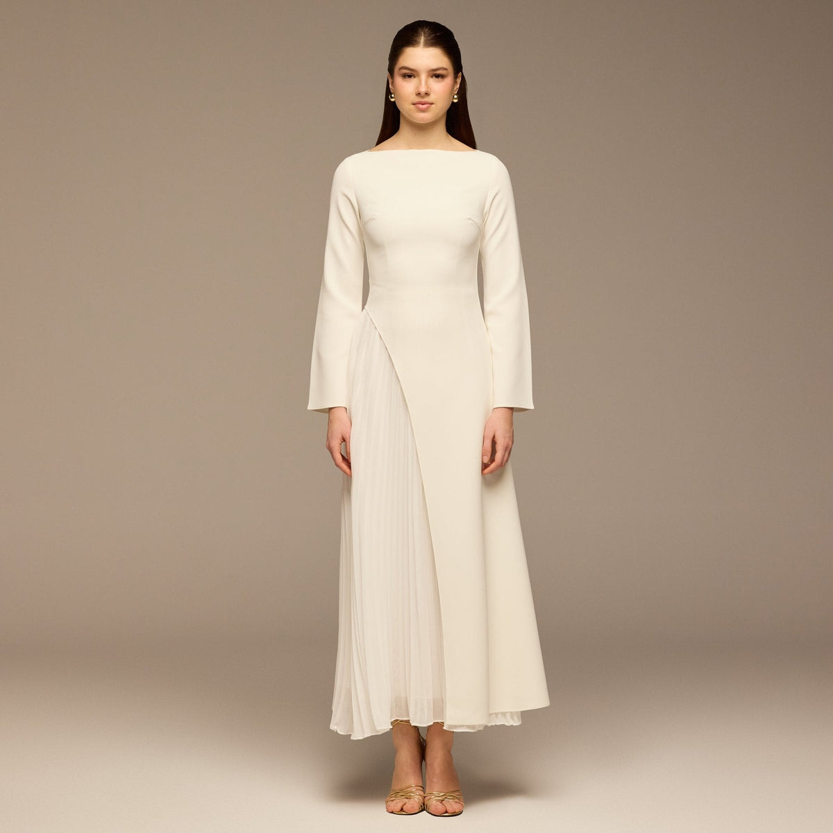 Crepe Maxi Dress with Side Pleated Panel - shopaleena