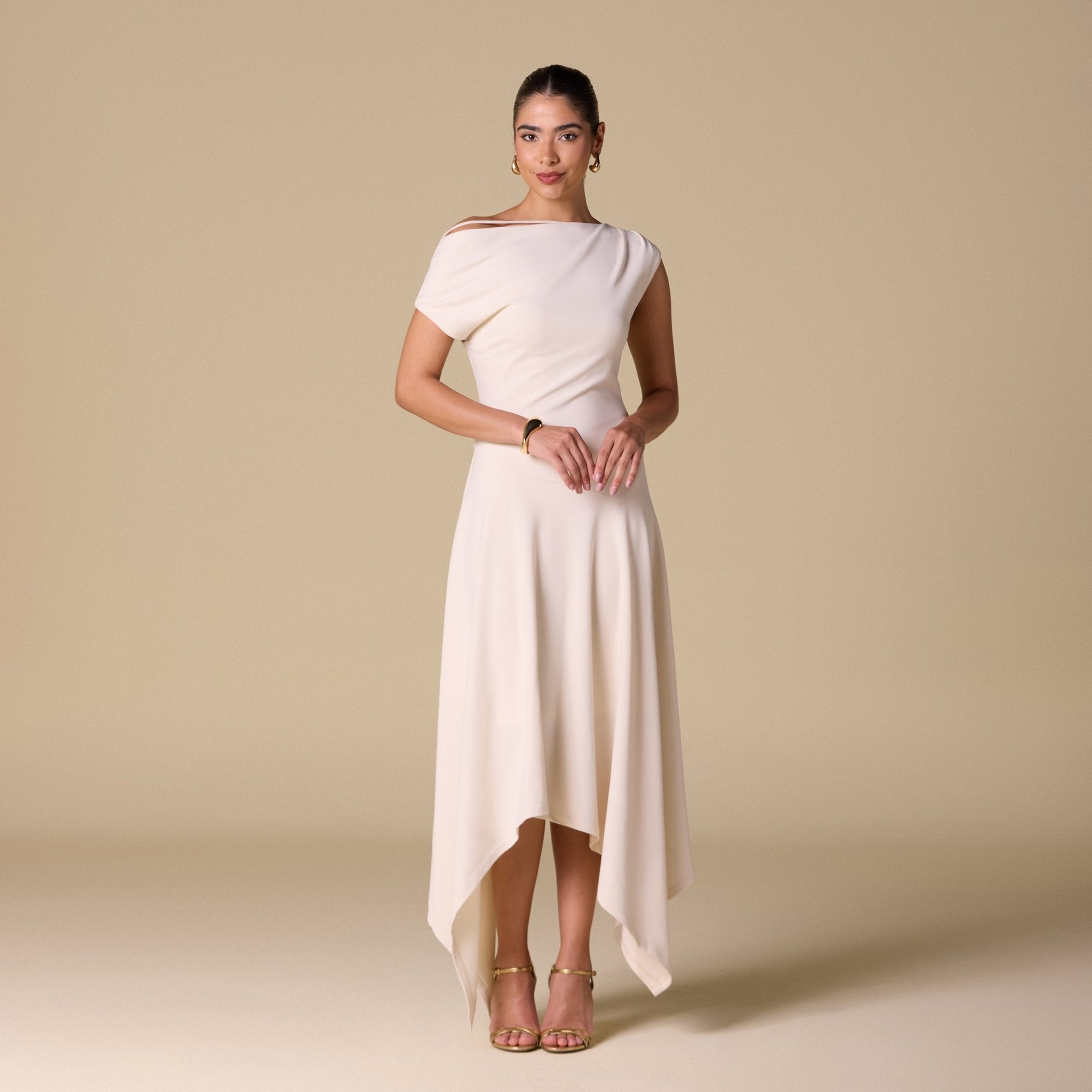 Crepe Off Shoulder Asymmetric Midi Dress - shopaleena