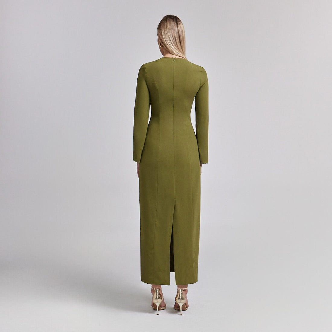 Crepe Olive Green Long Sleeve Dress - shopaleena