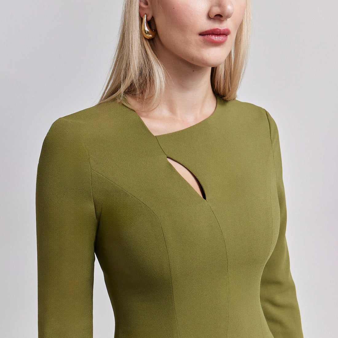 Crepe Olive Green Long Sleeve Dress - shopaleena