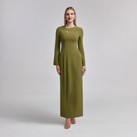 Crepe Olive Green Long Sleeve Dress - shopaleena