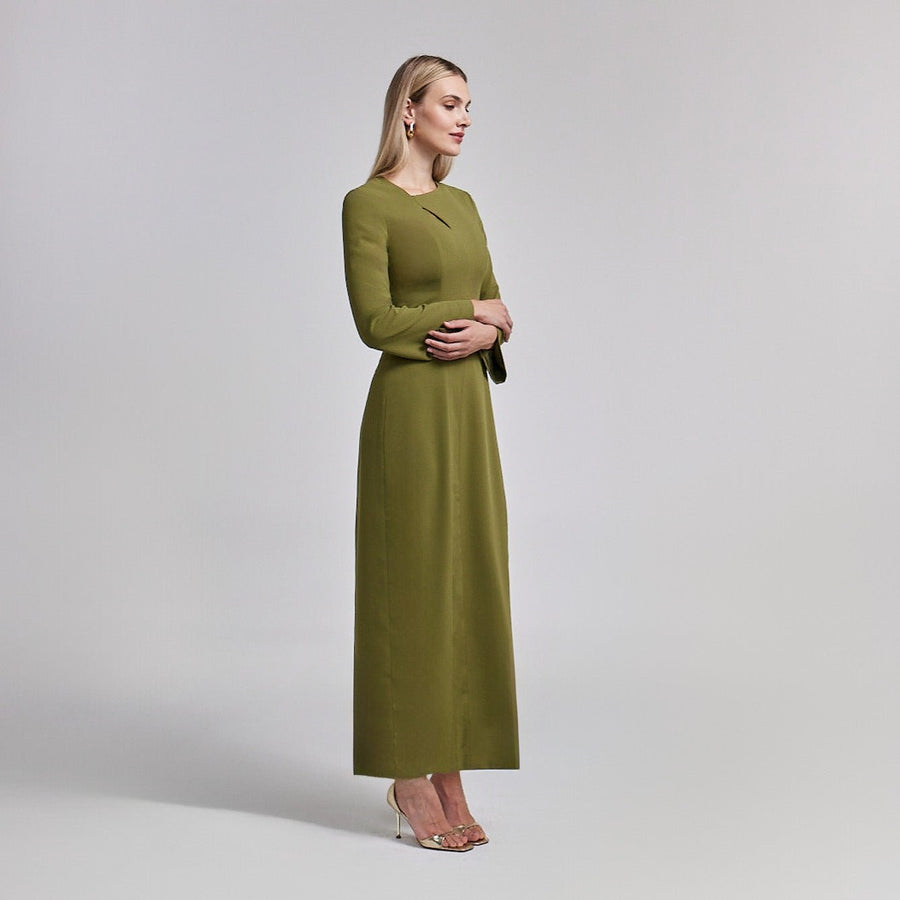 Crepe Olive Green Long Sleeve Dress - shopaleena