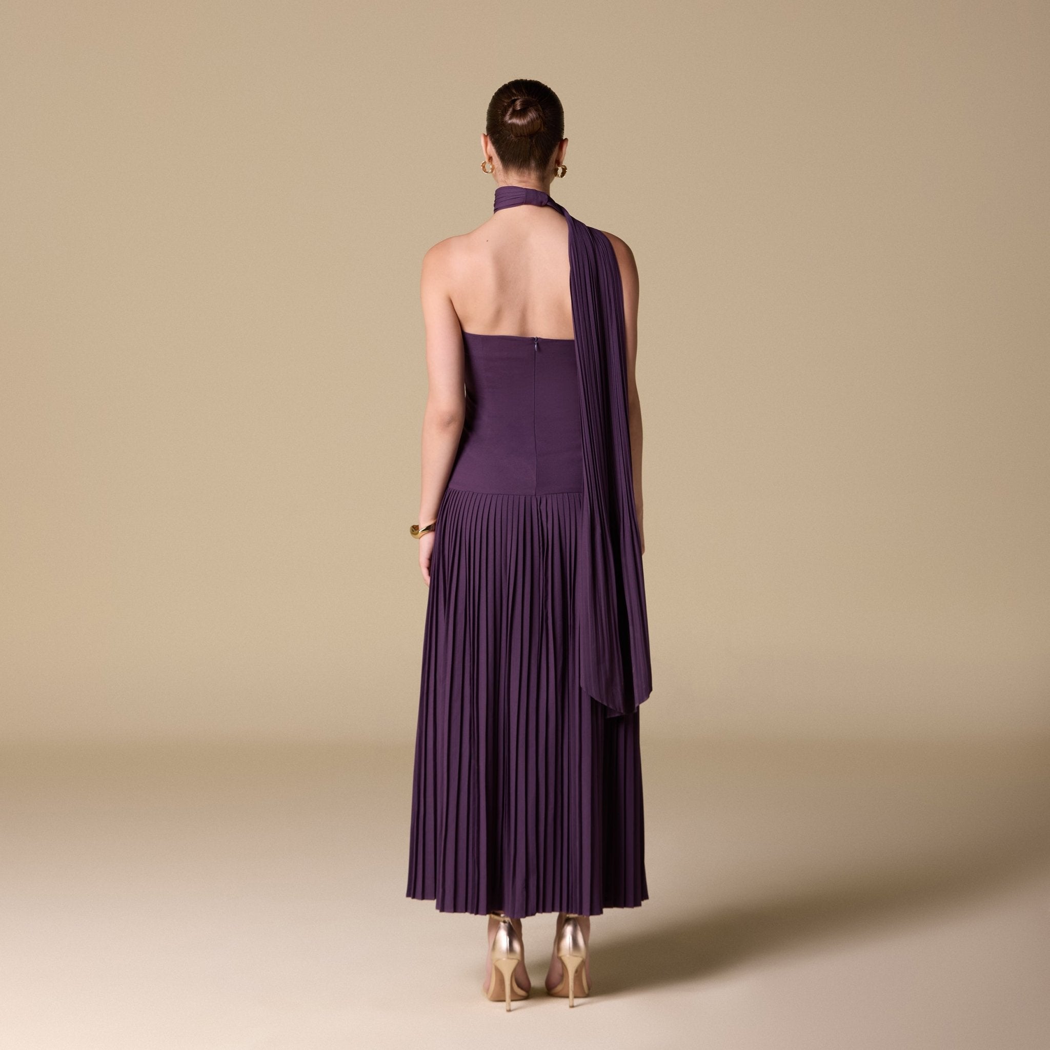 Crepe Pleated Scarf Maxi Dress - shopaleena