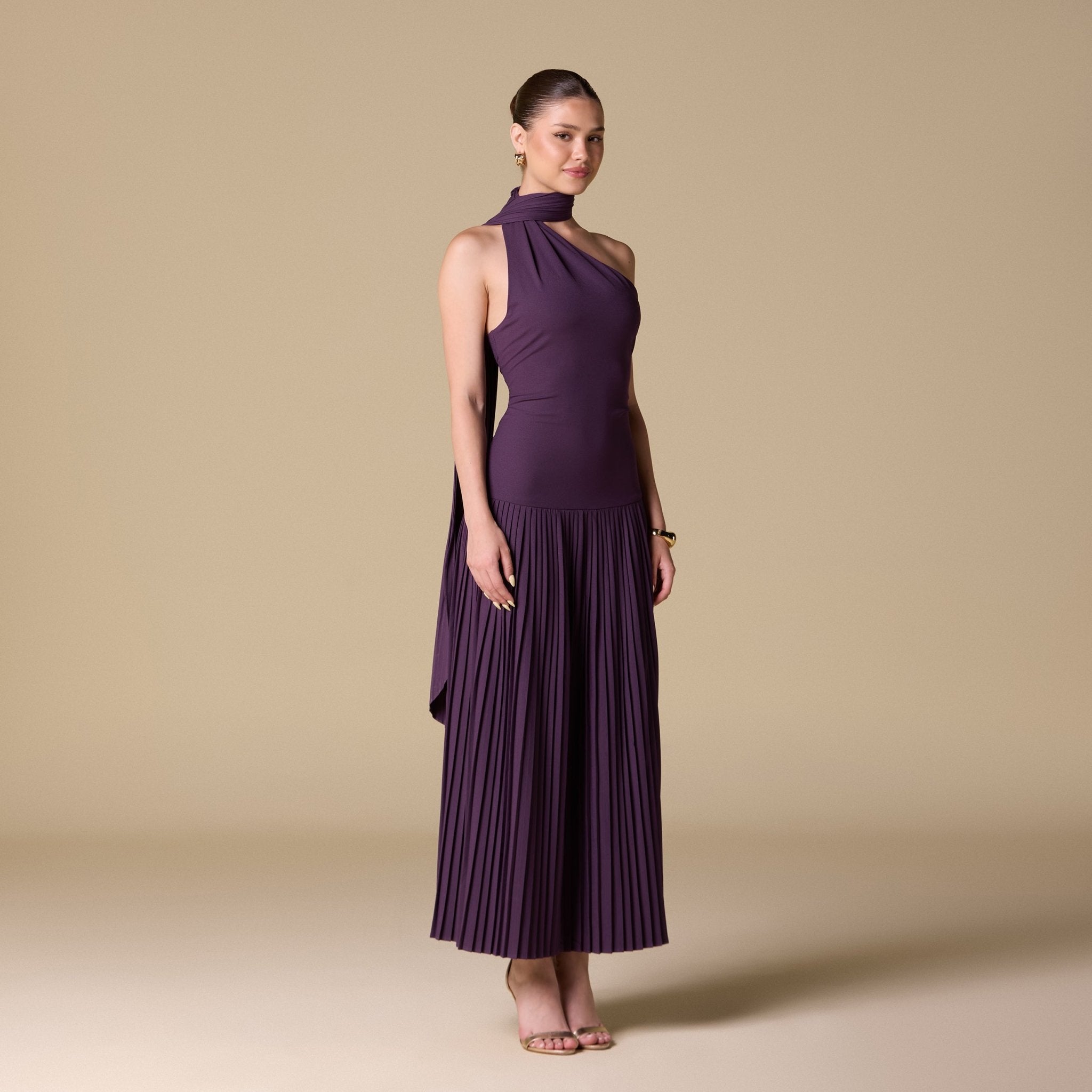 Crepe Pleated Scarf Maxi Dress - shopaleena