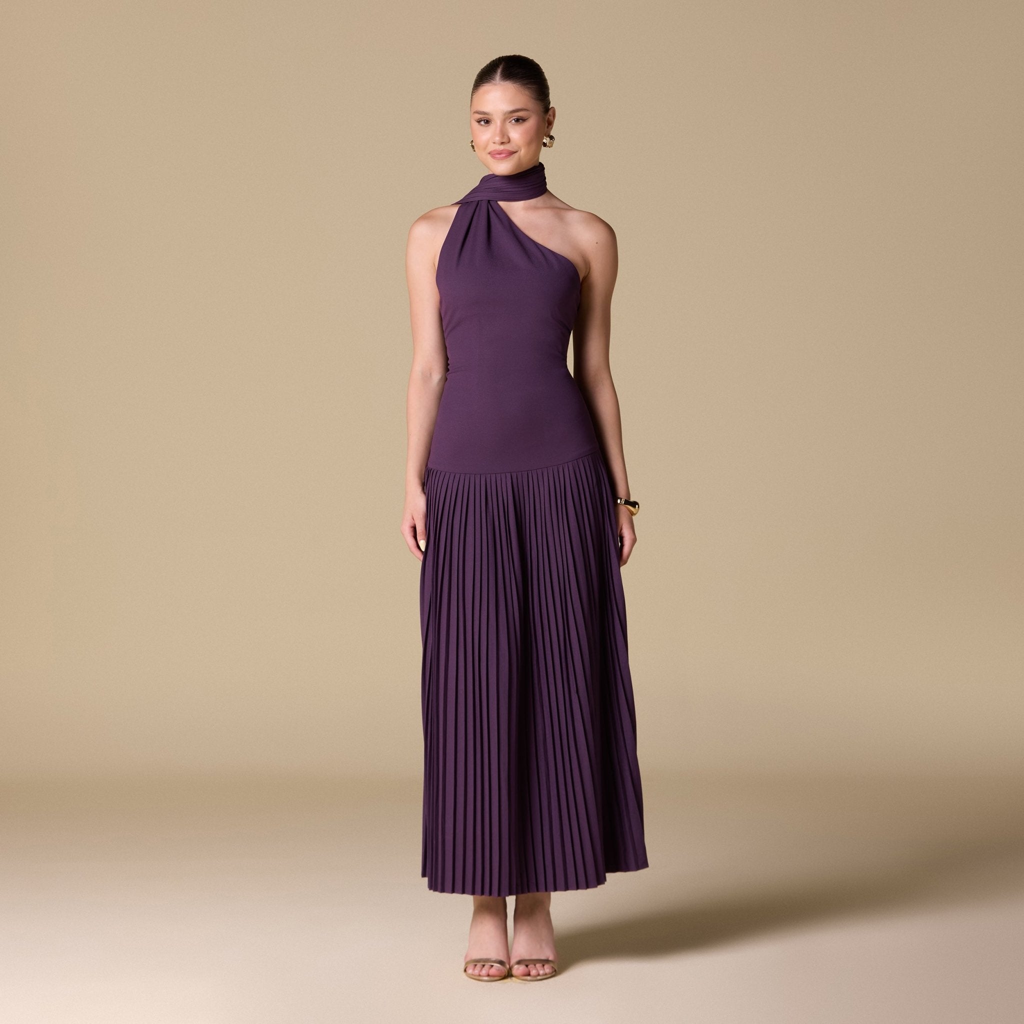 Crepe Pleated Scarf Maxi Dress - shopaleena