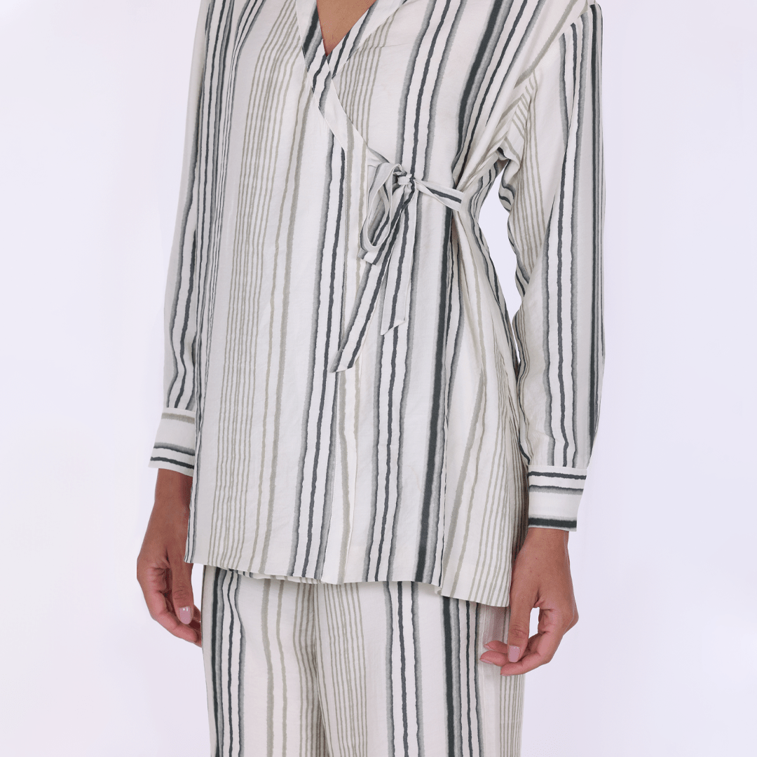 Crinkle Stripe Viscose Shirt with Side Ribbon - shopaleena