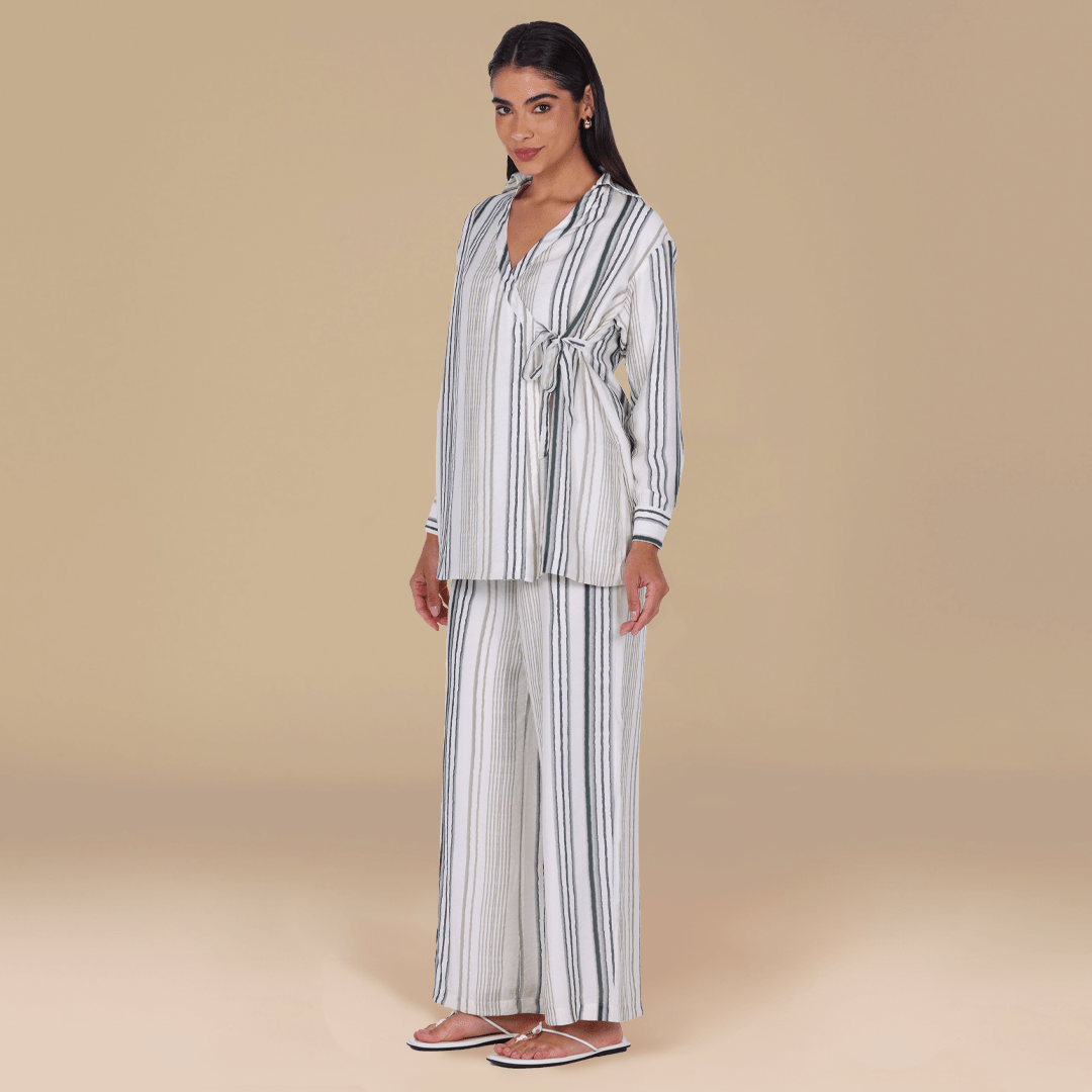 Crinkle Stripe Viscose Shirt with Side Ribbon - shopaleena