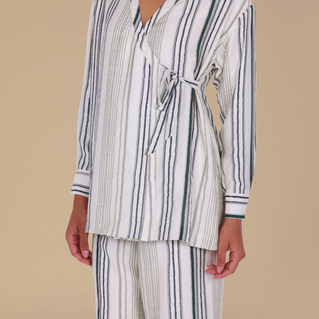 Crinkle Stripe Viscose Shirt with Side Ribbon - shopaleena