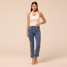 Dark Blue Embroidered Straight Leg Jeans - shopaleena