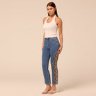 Dark Blue Embroidered Straight Leg Jeans - shopaleena