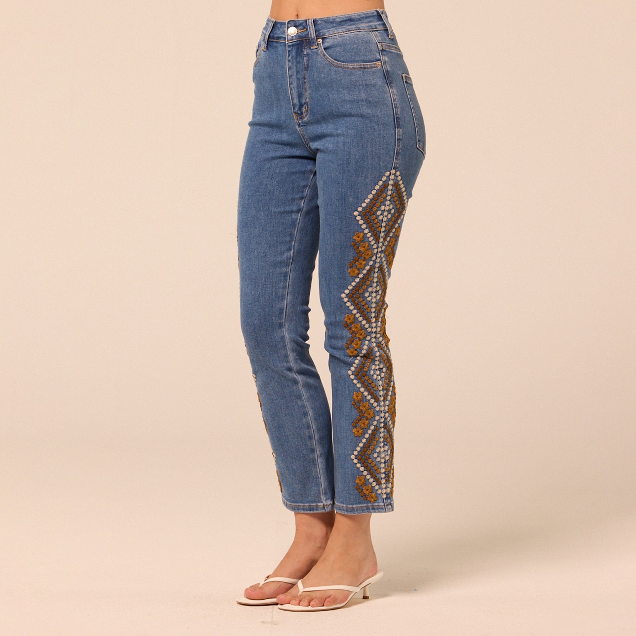 Dark Blue Embroidered Straight Leg Jeans - shopaleena