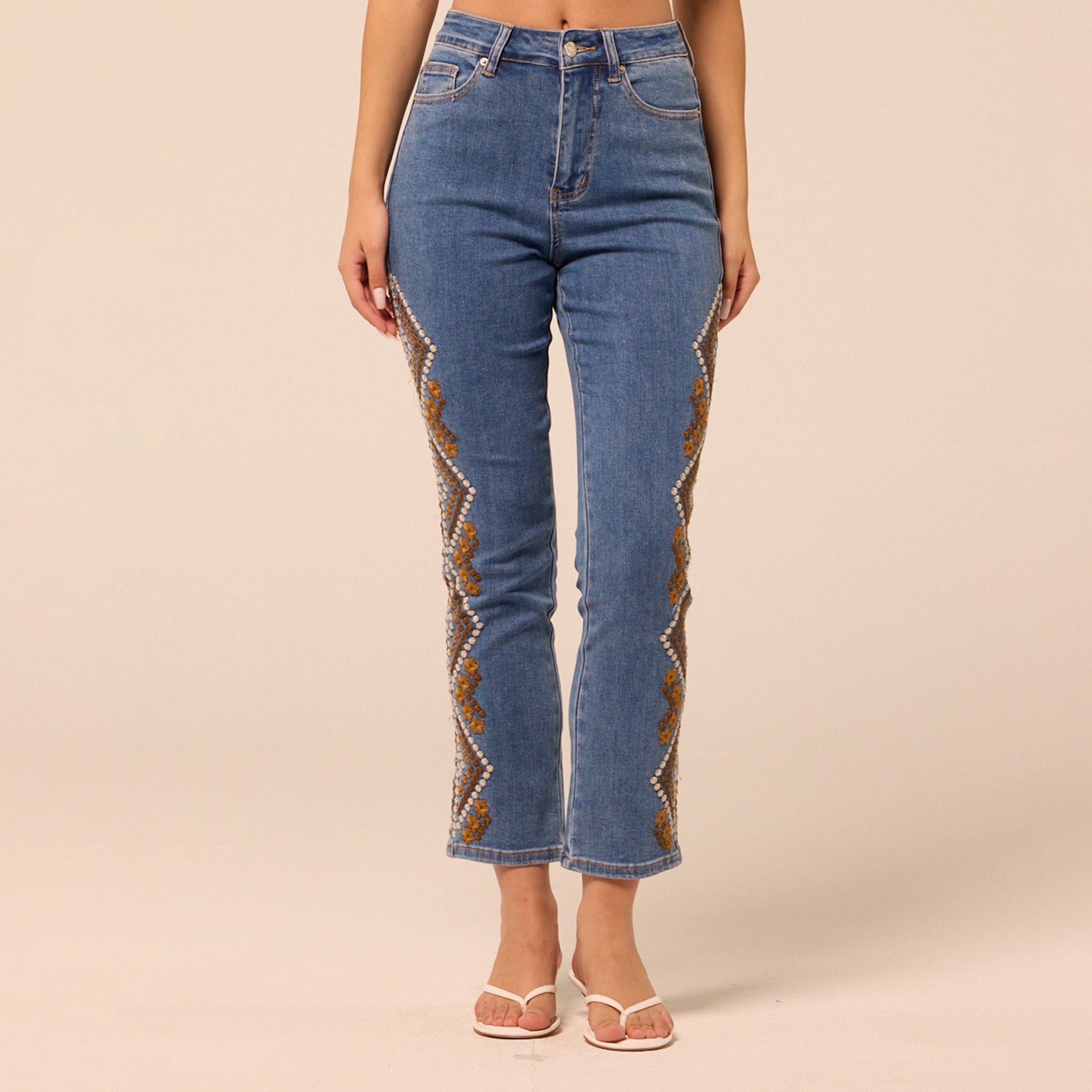 Dark Blue Embroidered Straight Leg Jeans - shopaleena