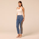 Dark Blue Embroidered Straight Leg Jeans - shopaleena