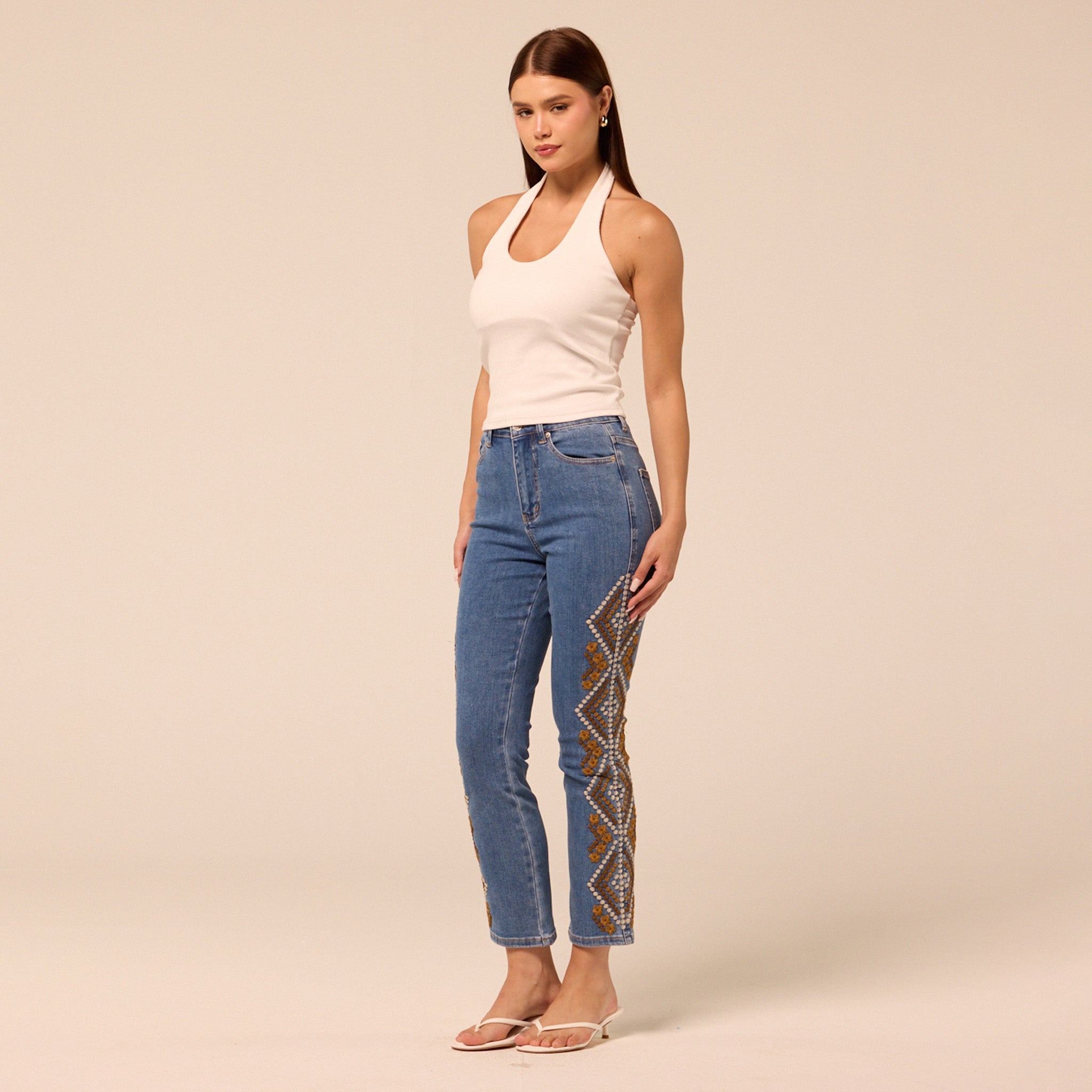Dark Blue Embroidered Straight Leg Jeans - shopaleena