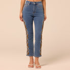 Dark Blue Embroidered Straight Leg Jeans - shopaleena