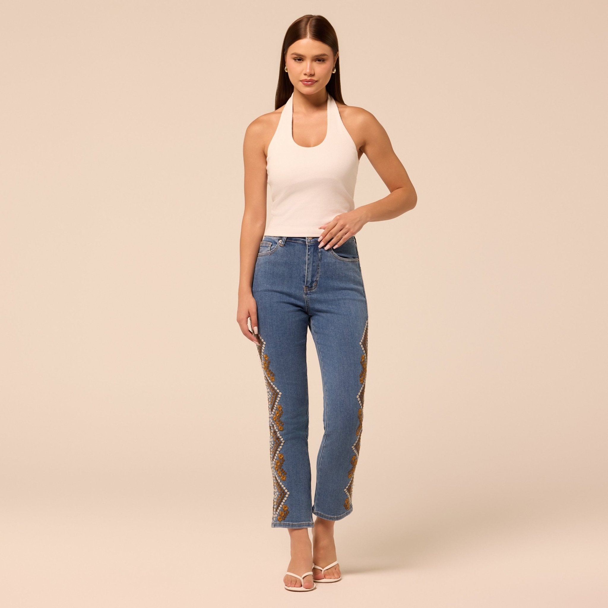 Dark Blue Embroidered Straight Leg Jeans - shopaleena