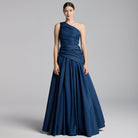 Dark Blue One Shoulder Ruched Gown - shopaleena