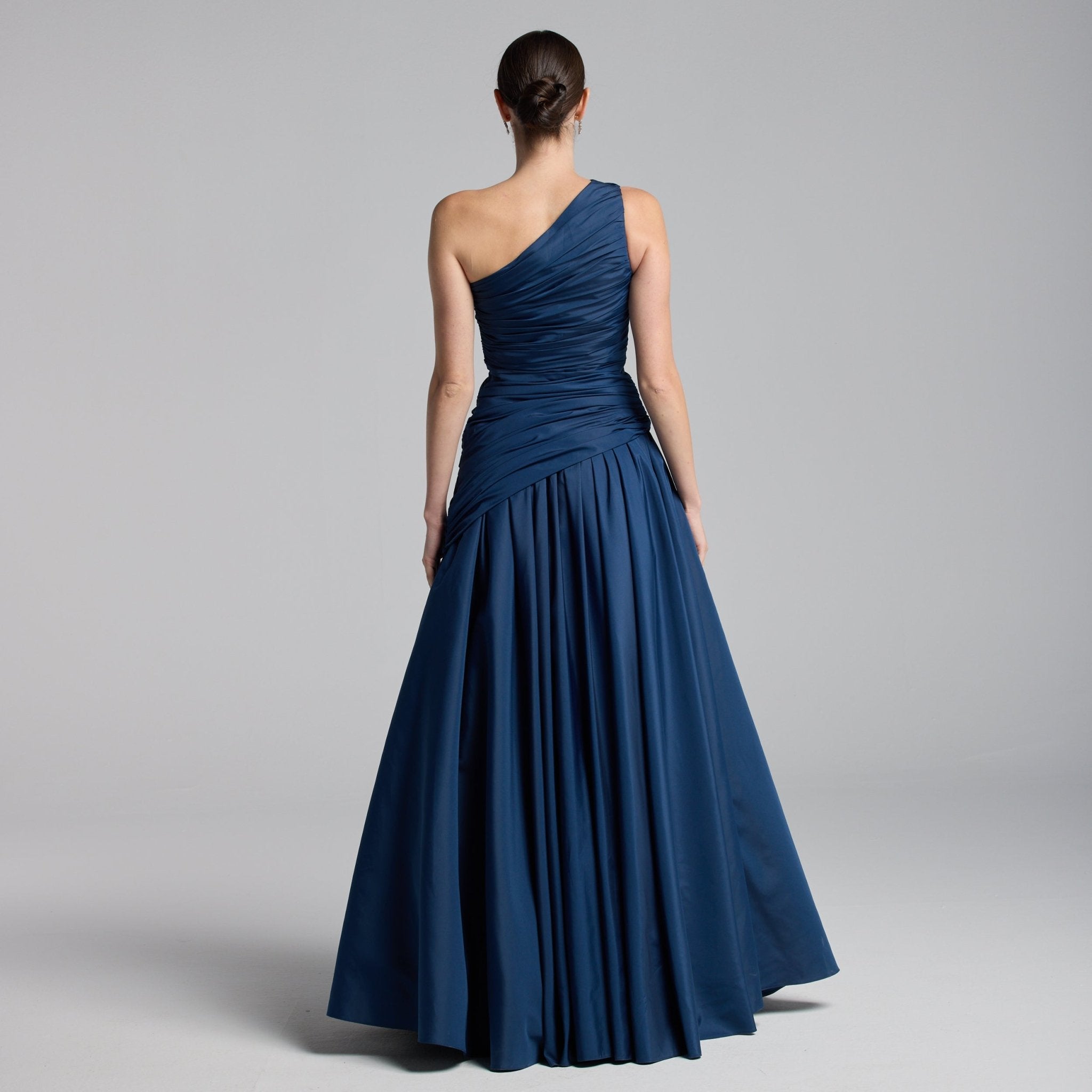 Dark Blue One Shoulder Ruched Gown - shopaleena