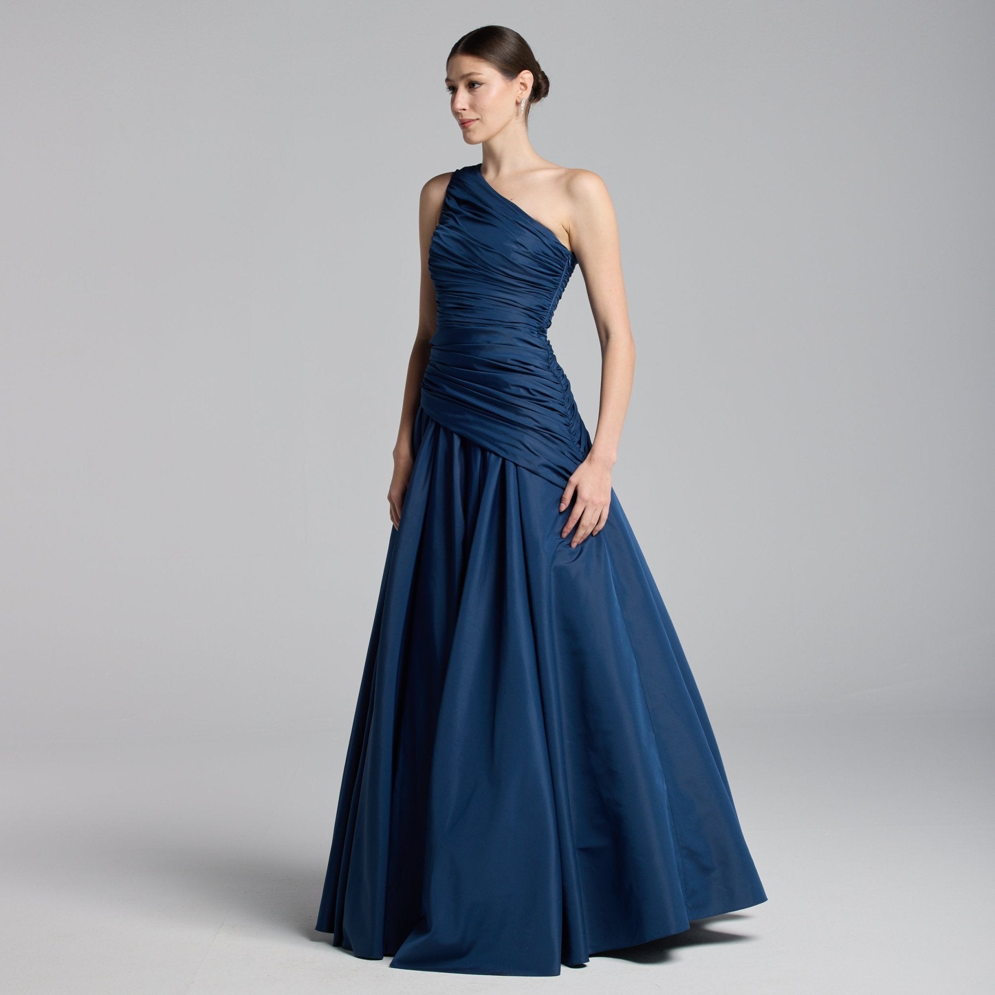 Dark Blue One Shoulder Ruched Gown - shopaleena