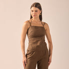 Dark Brown Beaded Halter Neck Linen Top - shopaleena