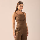 Dark Brown Beaded Halter Neck Linen Top - shopaleena
