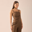 Dark Brown Beaded Halter Neck Linen Top - shopaleena