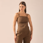 Dark Brown Beaded Halter Neck Linen Top - shopaleena