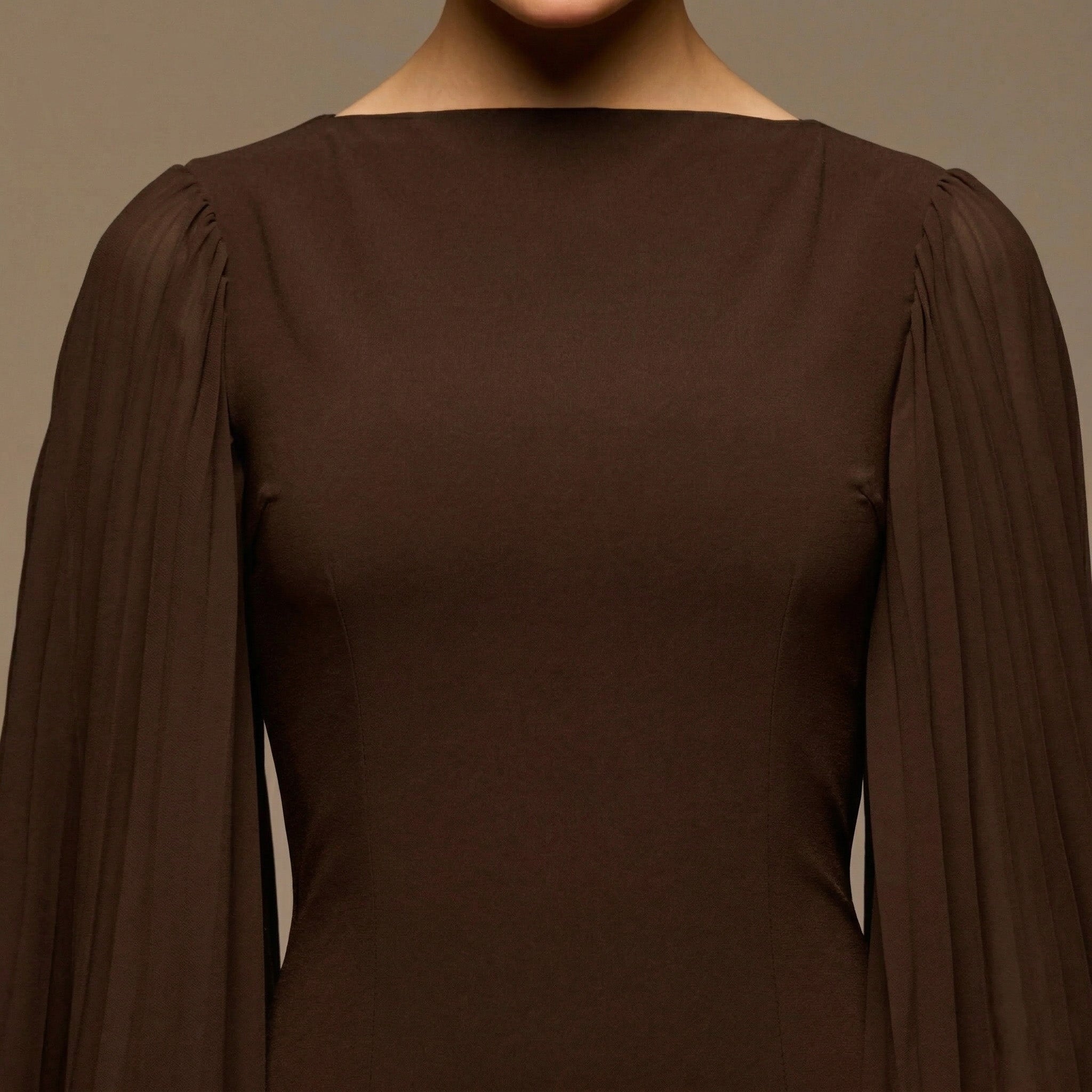 Dark Brown Boat Neck Cape Sleeve Crepe Maxi Dress - shopaleena