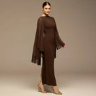 Dark Brown Boat Neck Cape Sleeve Crepe Maxi Dress - shopaleena