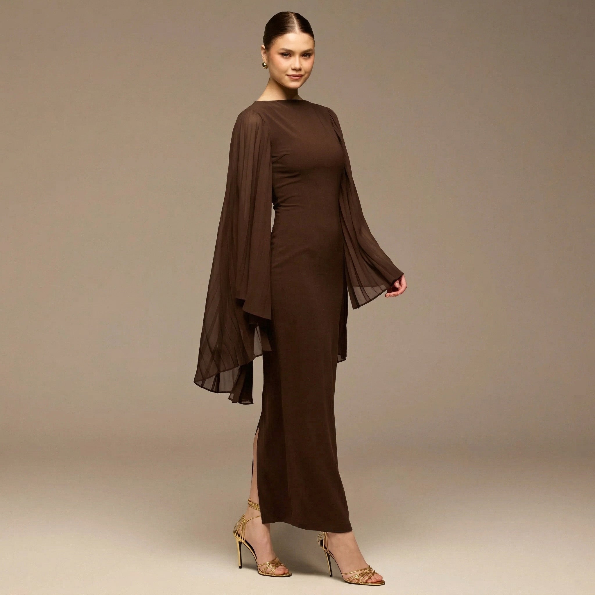 Dark Brown Boat Neck Cape Sleeve Crepe Maxi Dress - shopaleena