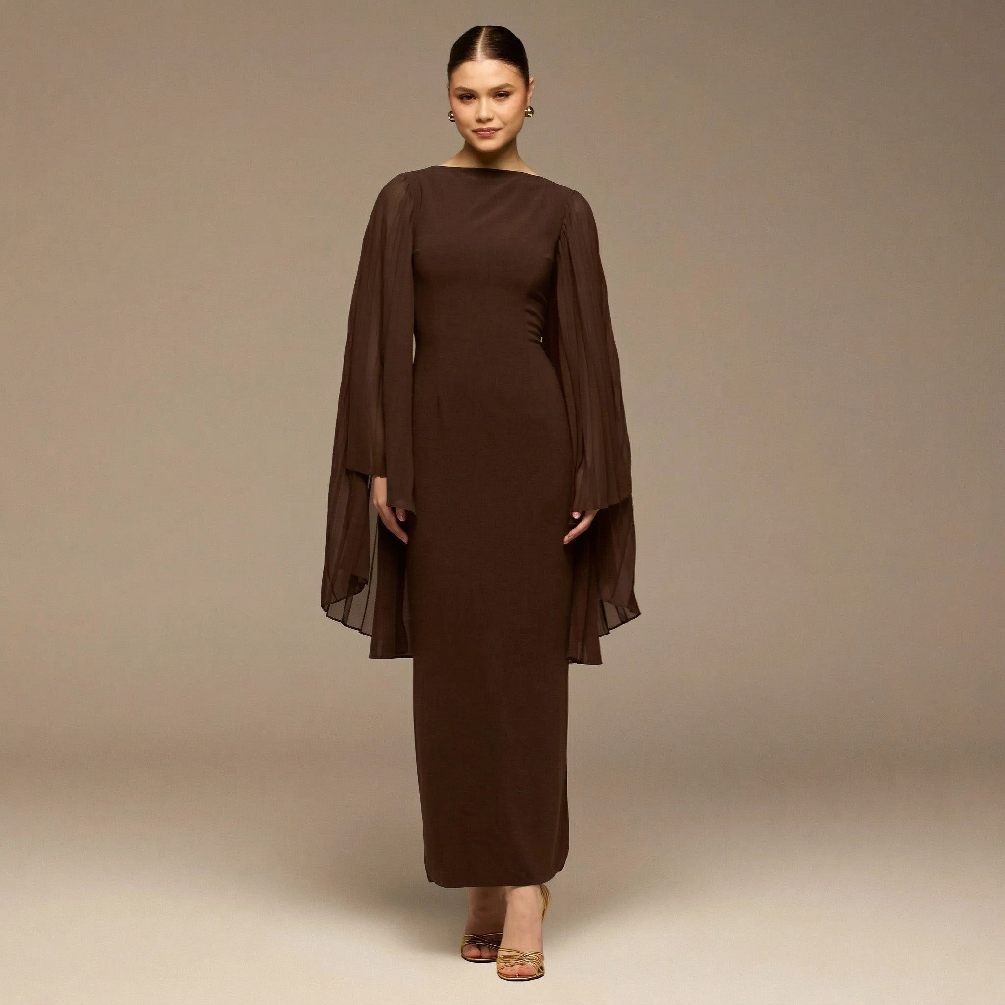 Dark Brown Boat Neck Cape Sleeve Crepe Maxi Dress - shopaleena