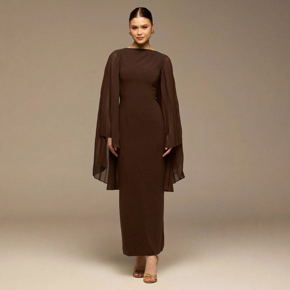 Dark Brown Boat Neck Cape Sleeve Crepe Maxi Dress - shopaleena
