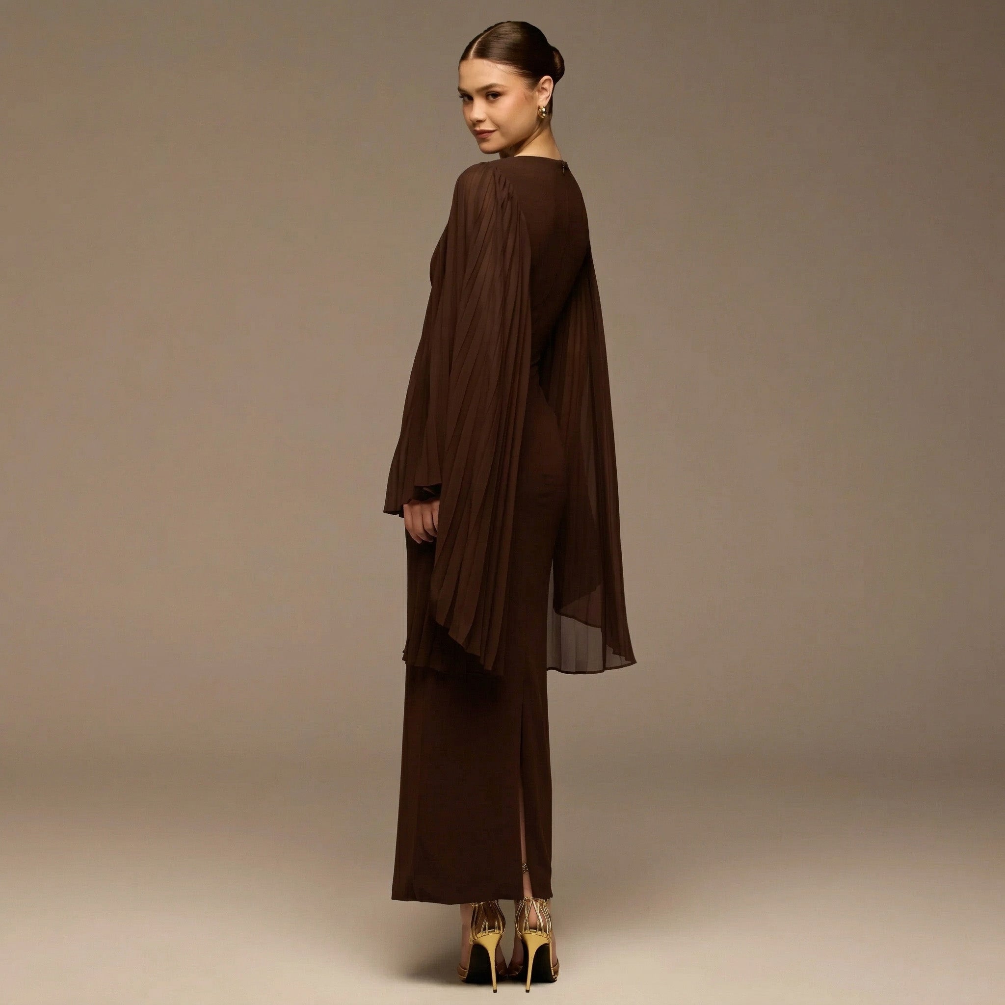 Dark Brown Boat Neck Cape Sleeve Crepe Maxi Dress - shopaleena