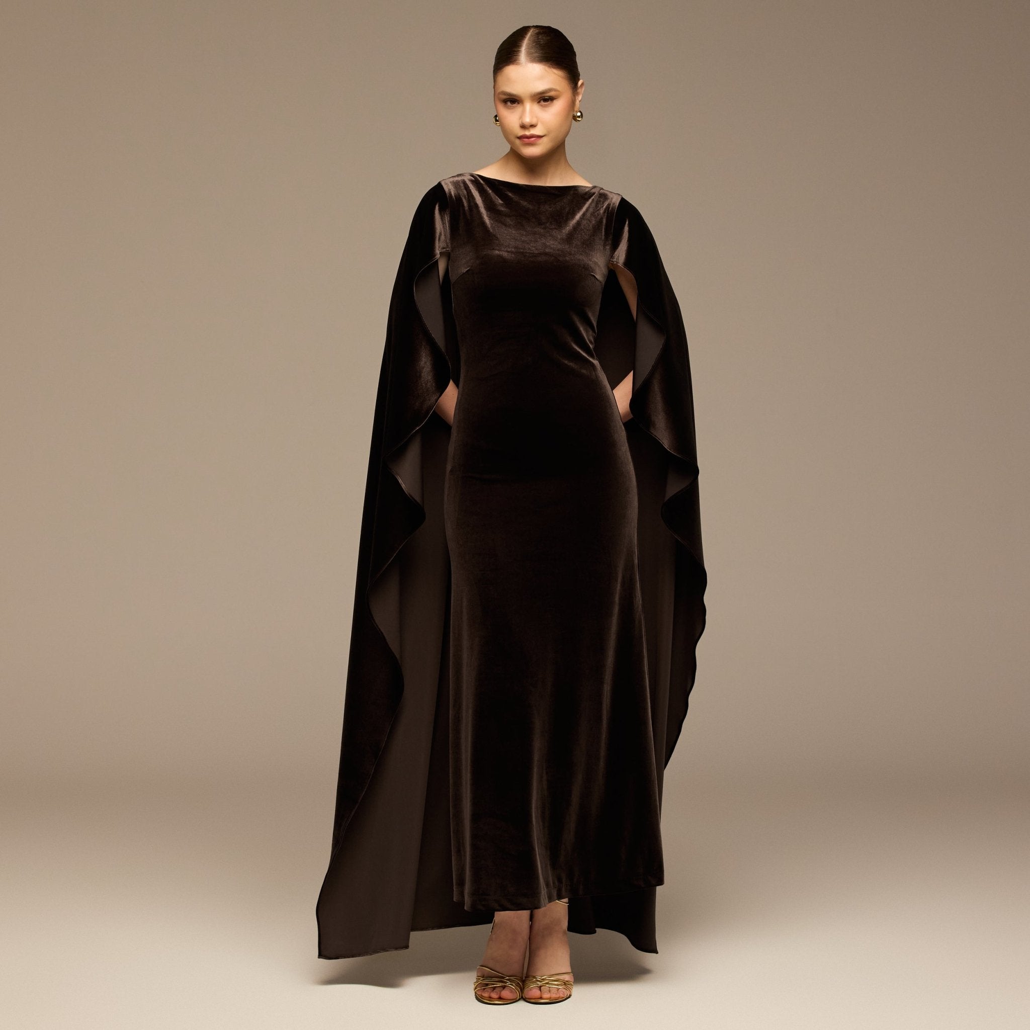 Dark Brown Boat Neck Velvet Kaftan - shopaleena