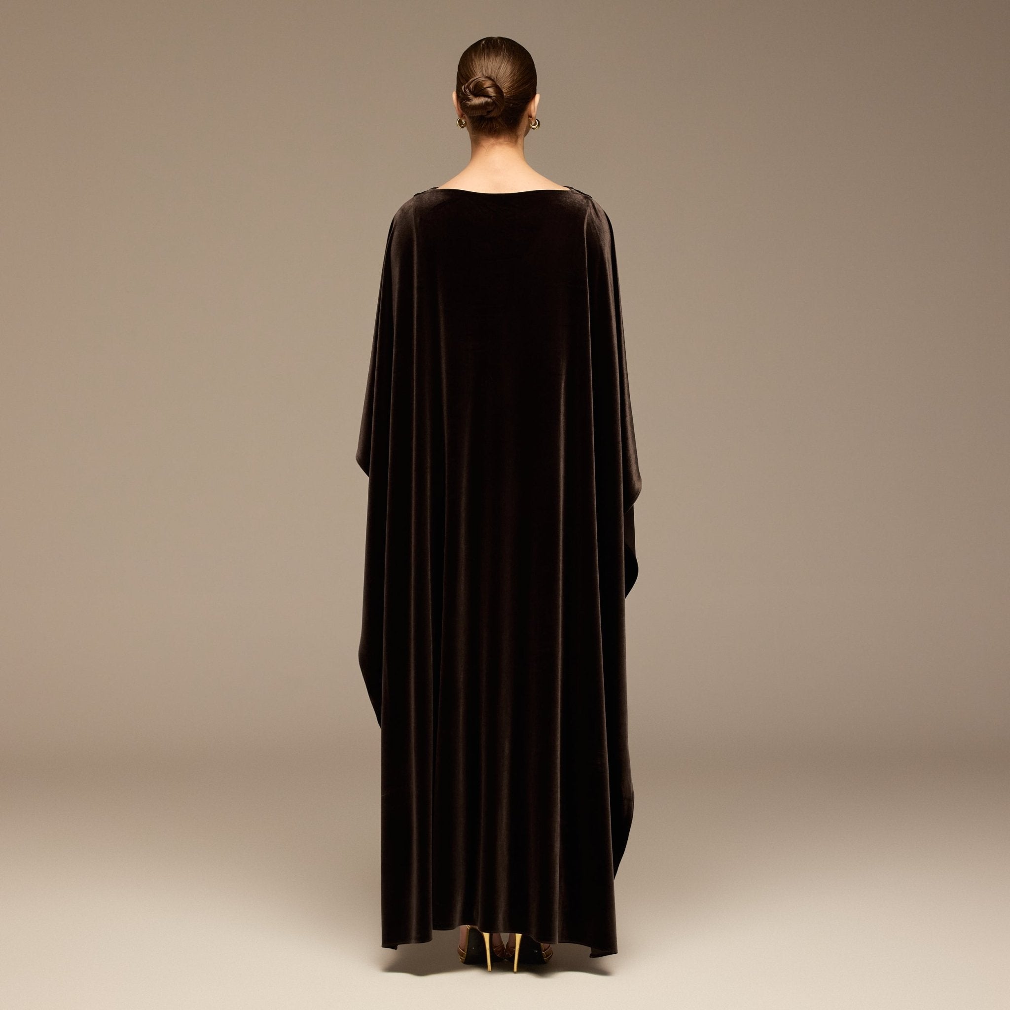 Dark Brown Boat Neck Velvet Kaftan - shopaleena