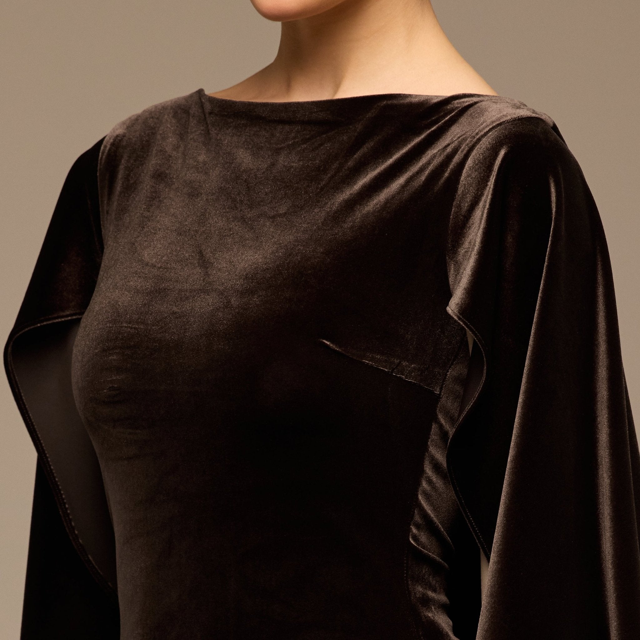 Dark Brown Boat Neck Velvet Kaftan - shopaleena