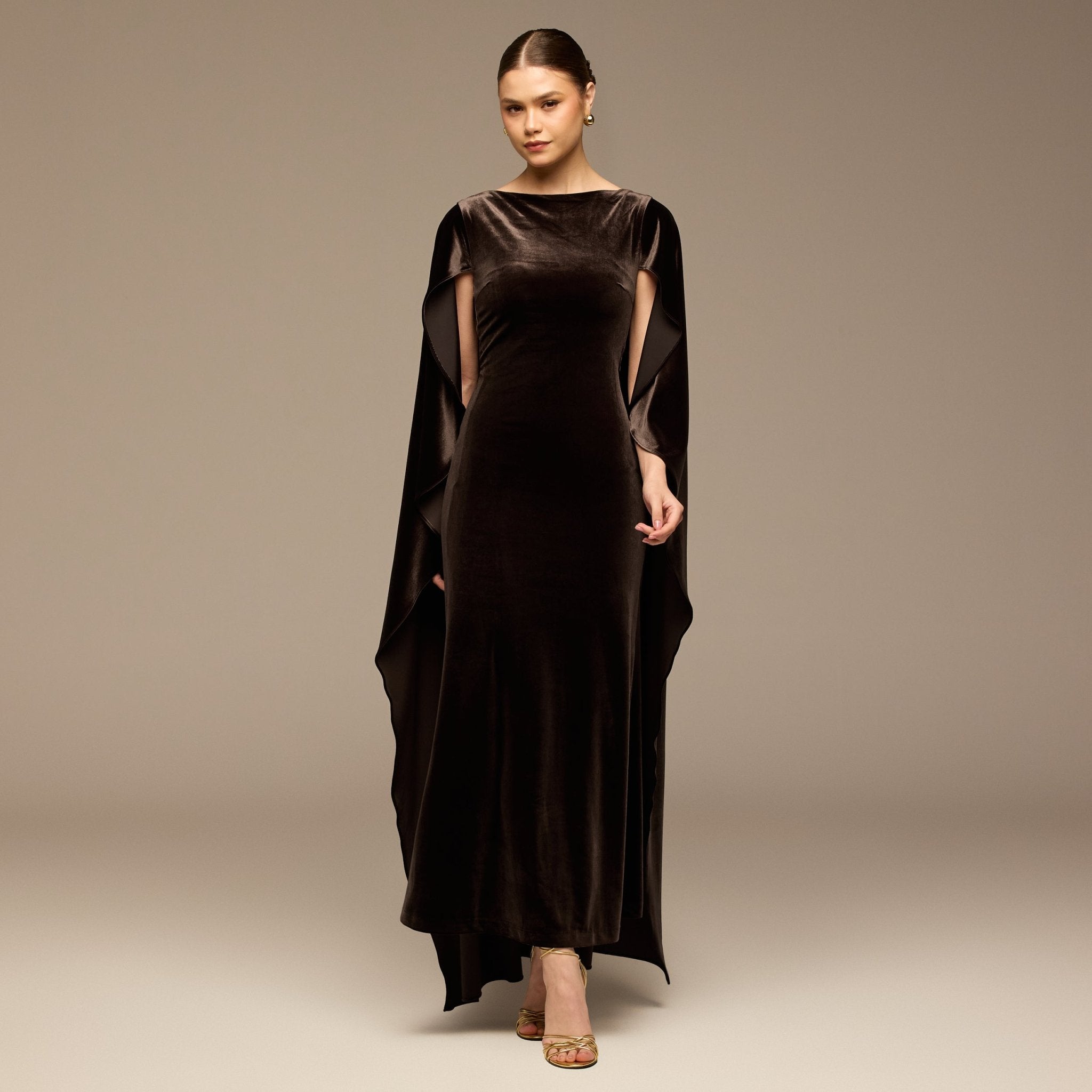 Dark Brown Boat Neck Velvet Kaftan - shopaleena