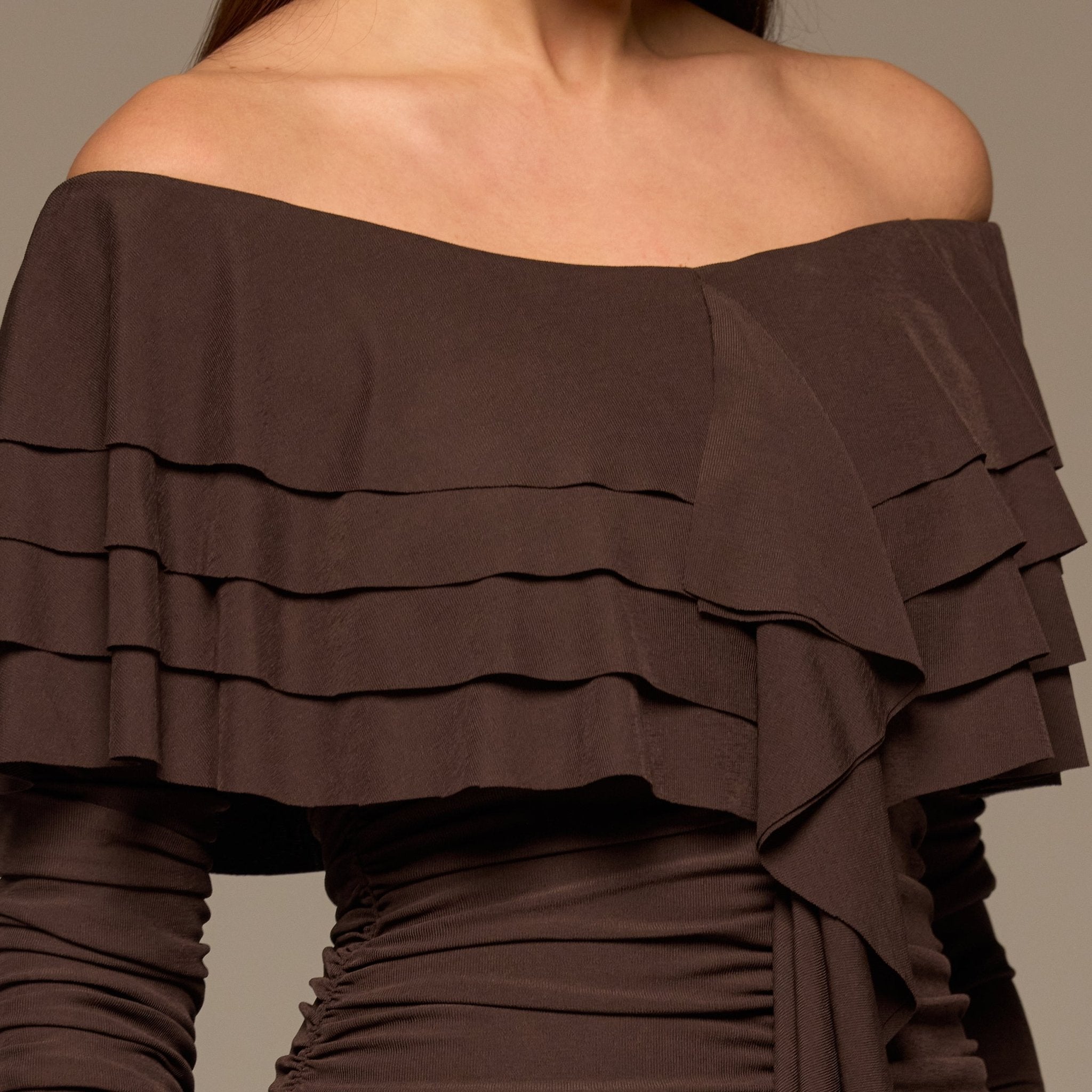 Dark Brown Cascade Ruffle Ruched Jersey Maxi Dress - shopaleena