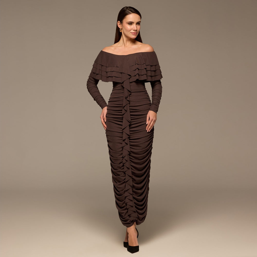 Dark Brown Cascade Ruffle Ruched Jersey Maxi Dress - shopaleena