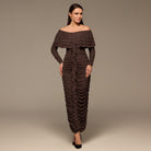 Dark Brown Cascade Ruffle Ruched Jersey Maxi Dress - shopaleena