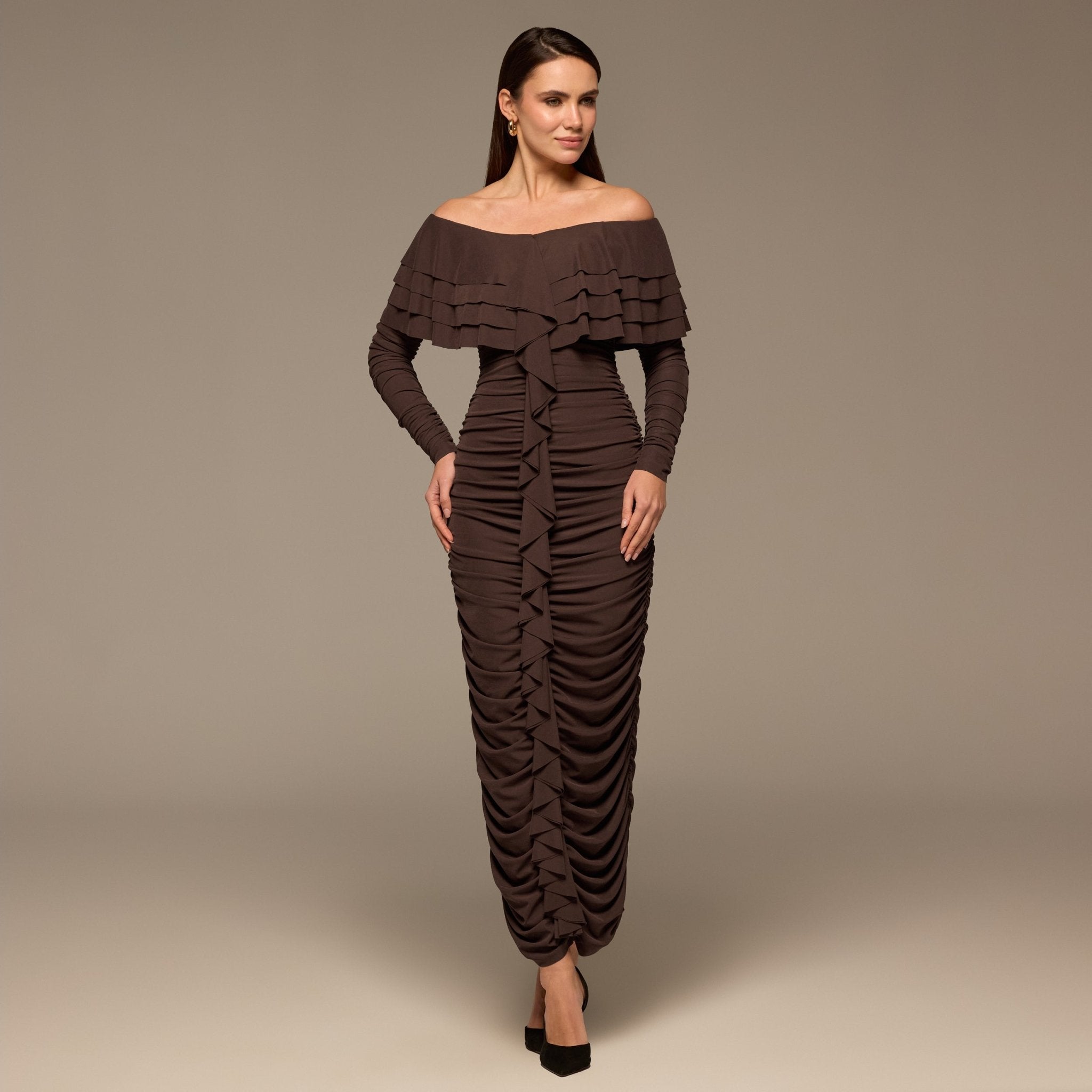 Dark Brown Cascade Ruffle Ruched Jersey Maxi Dress - shopaleena