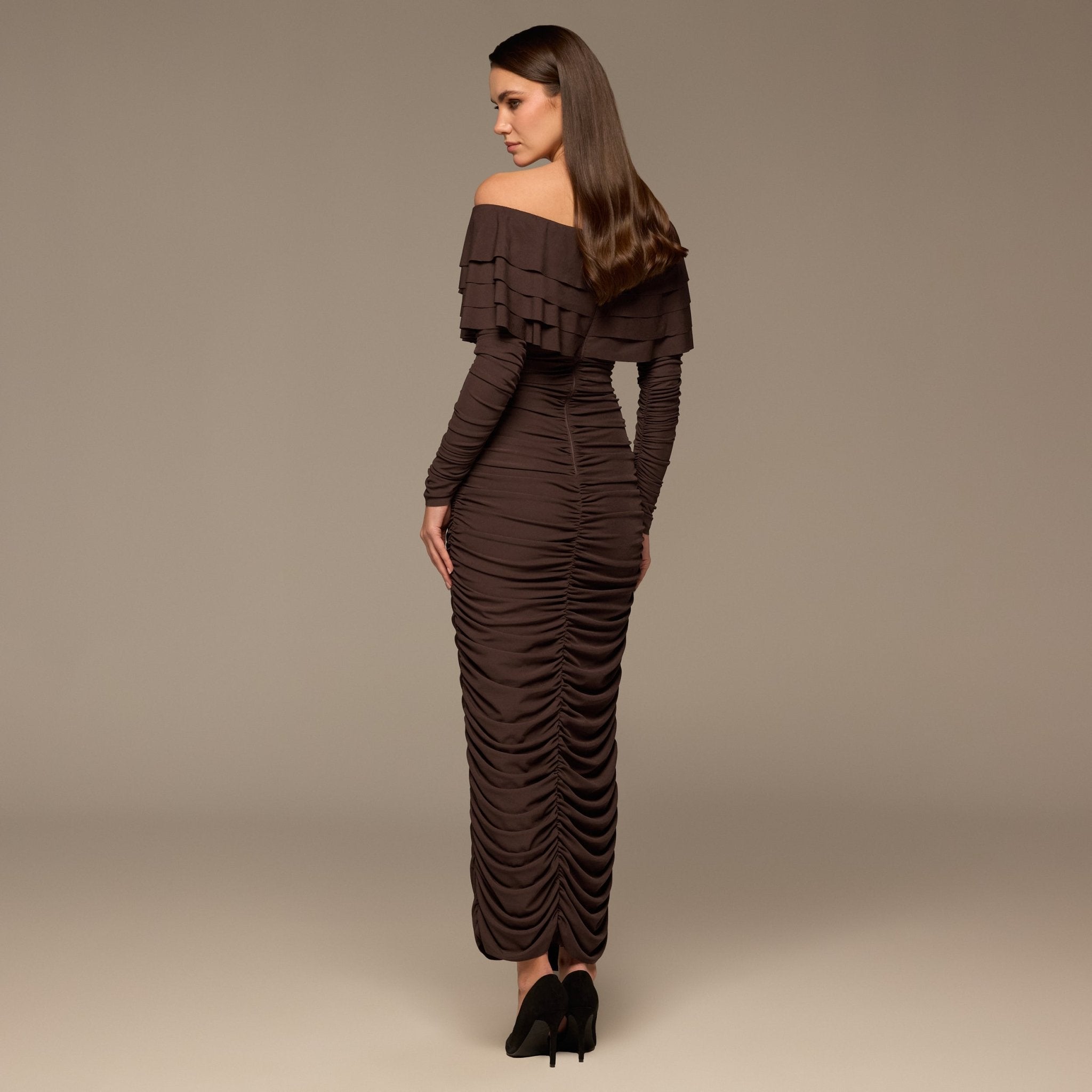 Dark Brown Cascade Ruffle Ruched Jersey Maxi Dress - shopaleena