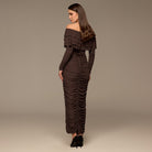 Dark Brown Cascade Ruffle Ruched Jersey Maxi Dress - shopaleena
