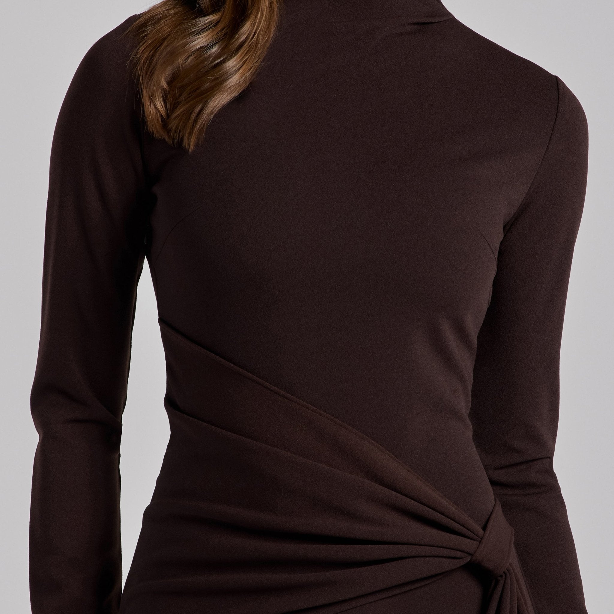 Dark Brown Crepe Draped Asymmetric Neck Maxi Dress - shopaleena