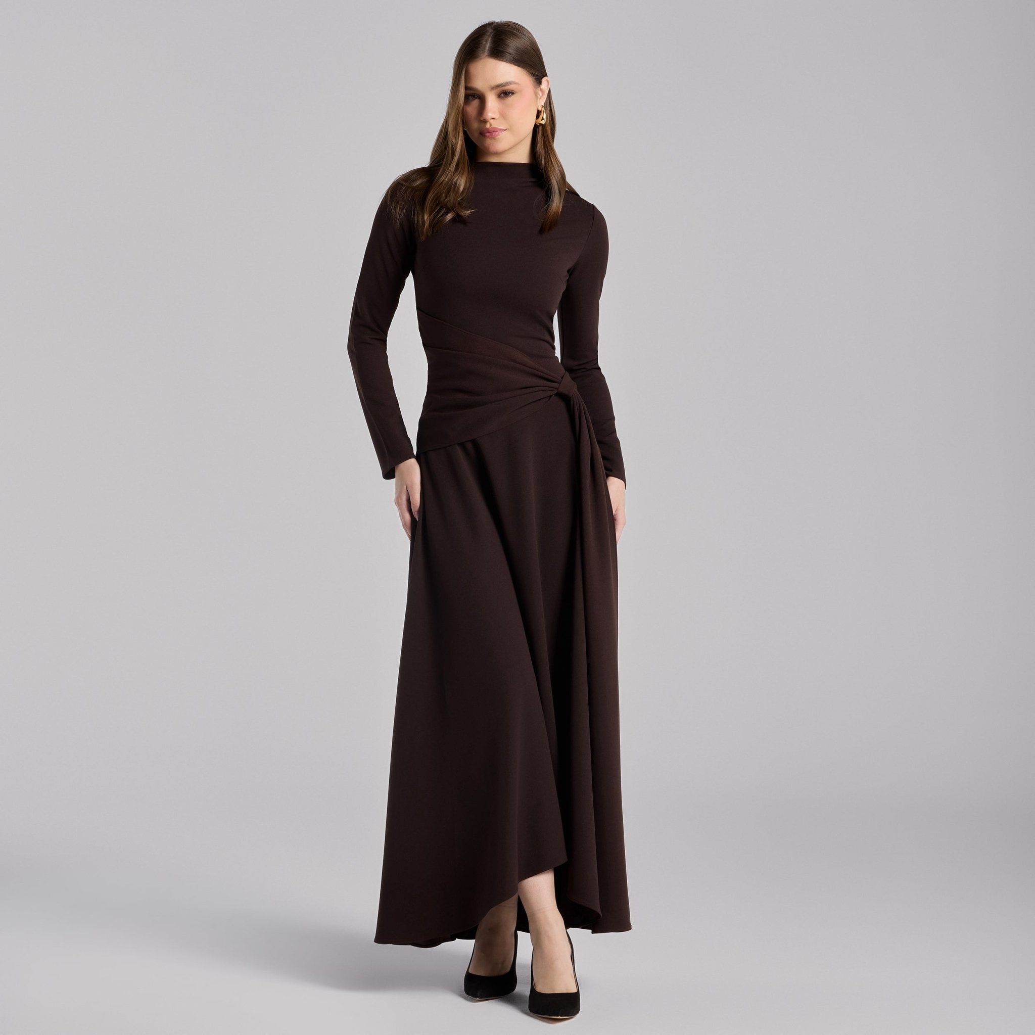 Dark Brown Crepe Draped Asymmetric Neck Maxi Dress - shopaleena