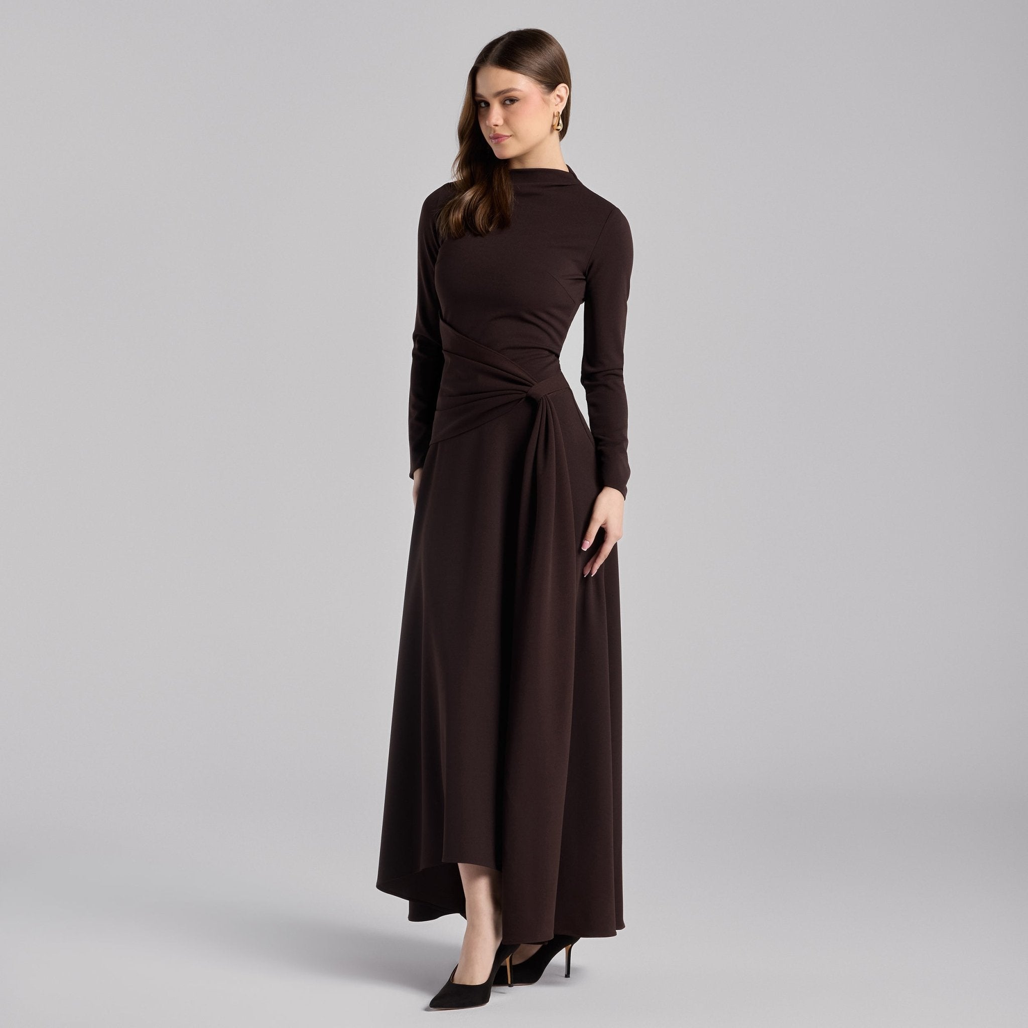 Dark Brown Crepe Draped Asymmetric Neck Maxi Dress - shopaleena