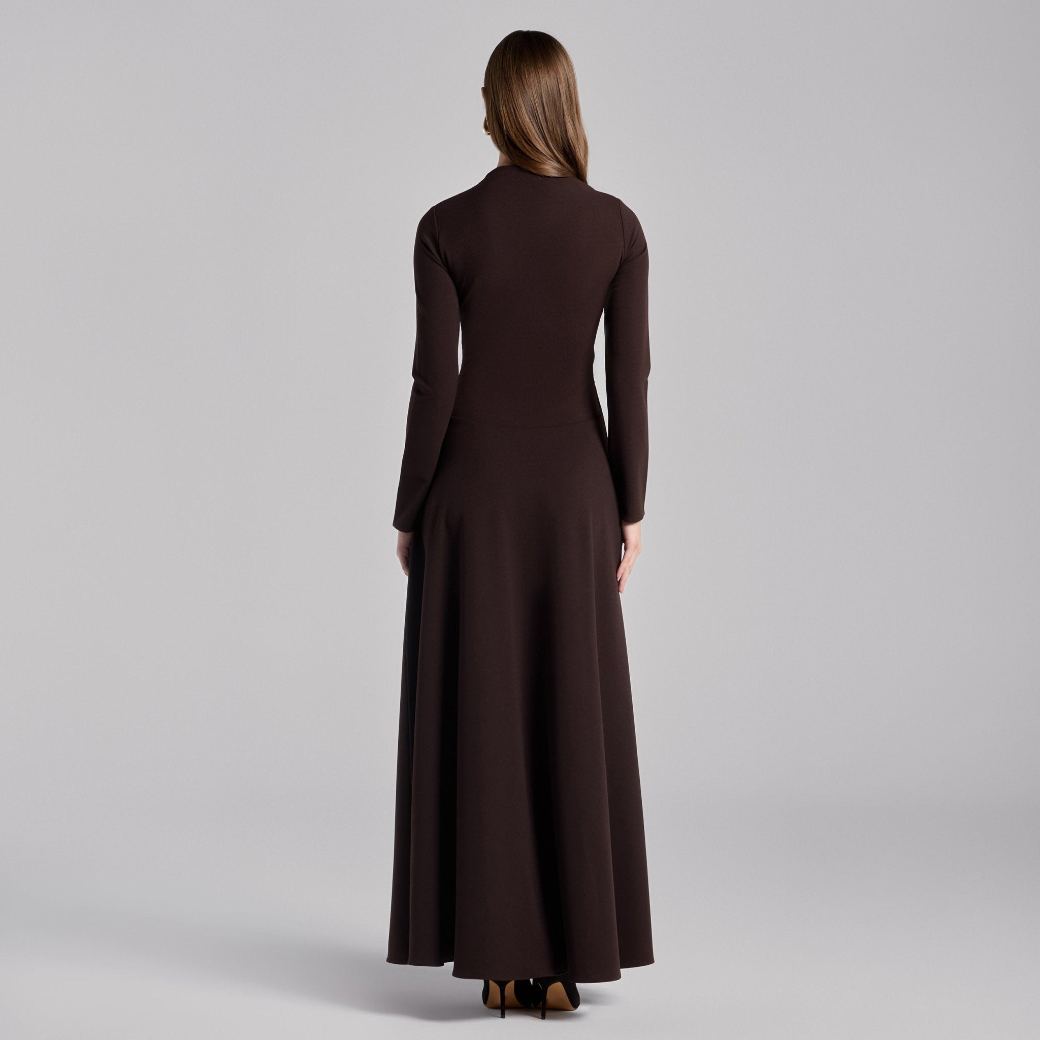 Dark Brown Crepe Draped Asymmetric Neck Maxi Dress - shopaleena