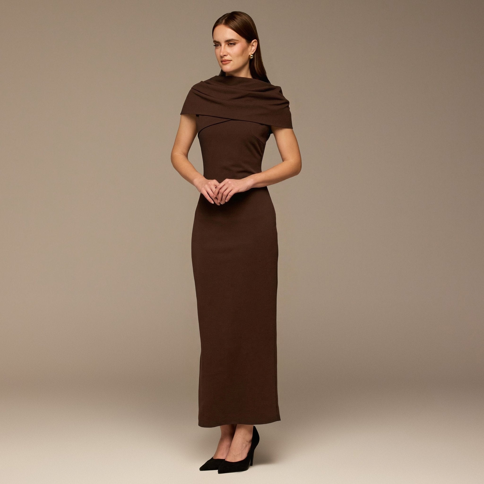 Dark Brown Draped Neck Crepe Dress - shopaleena