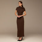 Dark Brown Draped Neck Crepe Dress - shopaleena