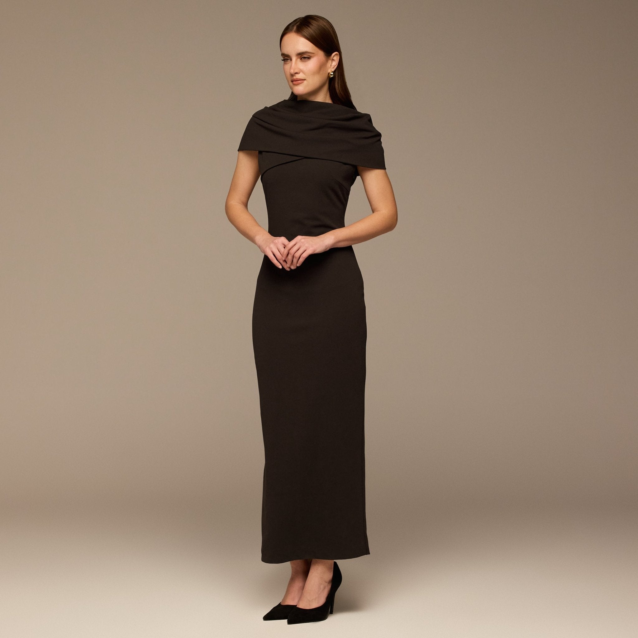 Dark Brown Draped Neck Crepe Dress - shopaleena